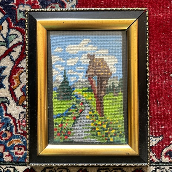 Vintage framed handmade needlepoint embroidery